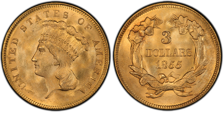 1855 Three-Dollar Gold Piece. MS-66 (PCGS).